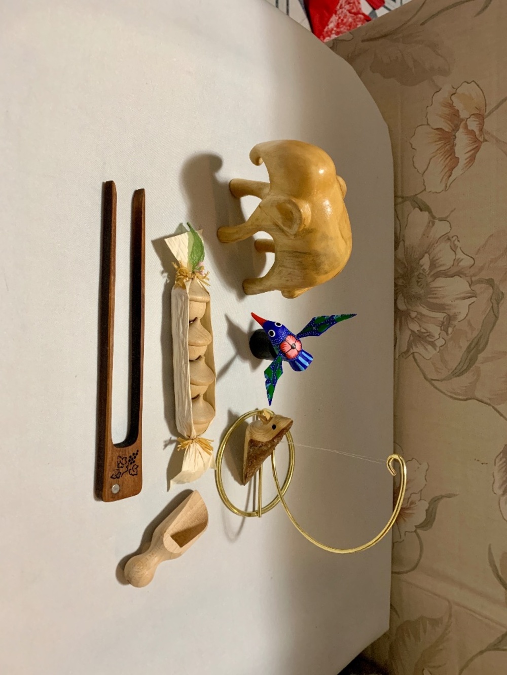 Lot Nine Hand Carved Wood Items - Nuts, Birds, Scoop, Tongs, Elephant, Barrels